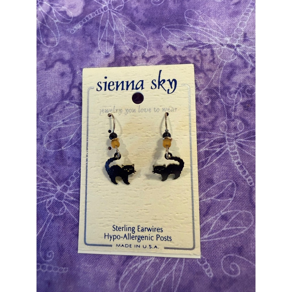 Sienna Sky Halloween Dangle Earrings Black Spooky Cat Sterling Silver Wires NEW